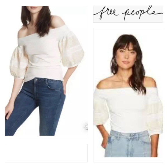 Free People “Rock With It Top”  In Ivory Off Shoulder W/Cream Embroidery Size L - Picture 1 of 10